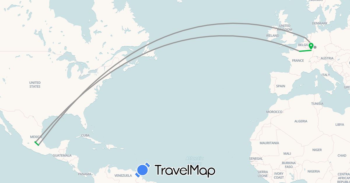 TravelMap itinerary: driving, bus, plane in Germany, France, Mexico, Netherlands (Europe, North America)